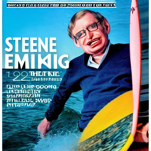 Prompt: stephen hawking catching a wave, cover of surfer magazine, july 2 0 1 1