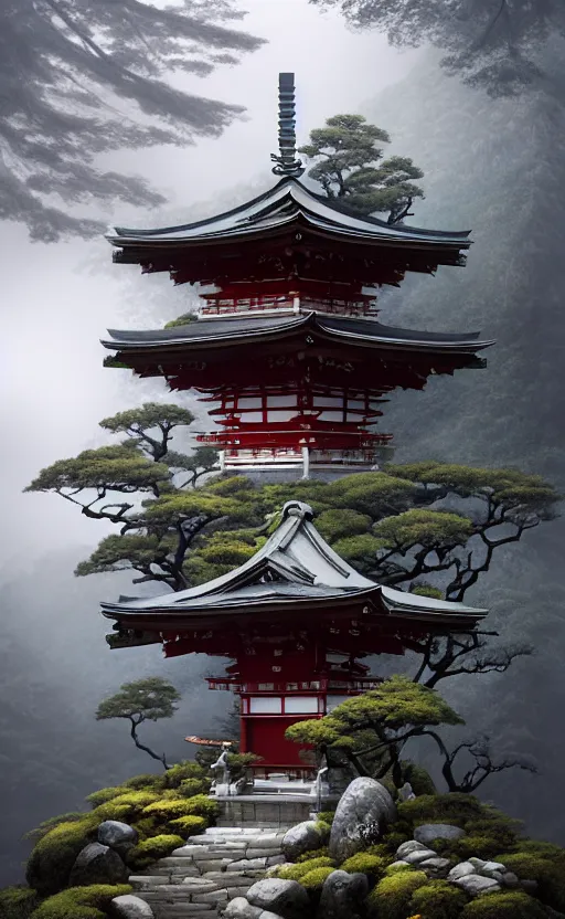 Image similar to japanese style shrine on top of a misty mountain overgrown, hyper realistic, lush gnarly plants, 8 k, denoised, by greg rutkowski, tom bagshaw, james gurney cinematic lighting