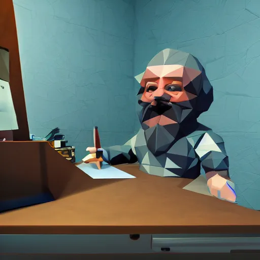 Prompt: low poly, A dwarf peeking over his desk surprised like Killroy, the desk is covered in scattered letters, deep rock galactic screenshot, low poly, digital art.
