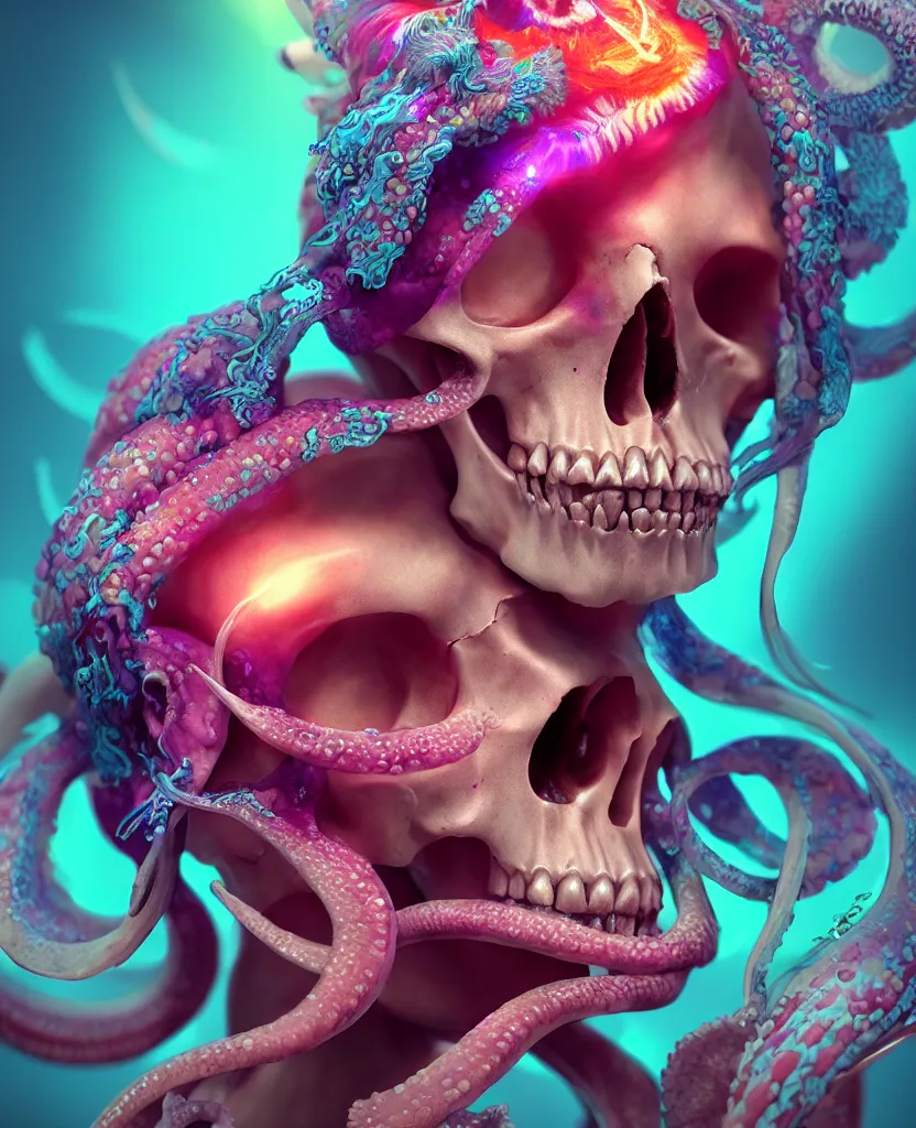 Image similar to goddess close - up portrait human skull, ram skull, squid phoenix jellyfish, orchid, betta fish, bioluminiscent, intricate artwork by tooth wu and wlop and beeple. octane render, trending on artstation, greg rutkowski very coherent symmetrical artwork. cinematic, hyper realism, high detail, octane render, 8 k