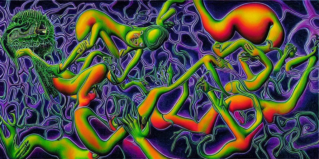 Image similar to basilisk, pain, pleasure, suffering, adventure, alex grey psychedelic dripping color love, abstract oil painting by mc escher tessalation and salvador dali gottfried helnwein