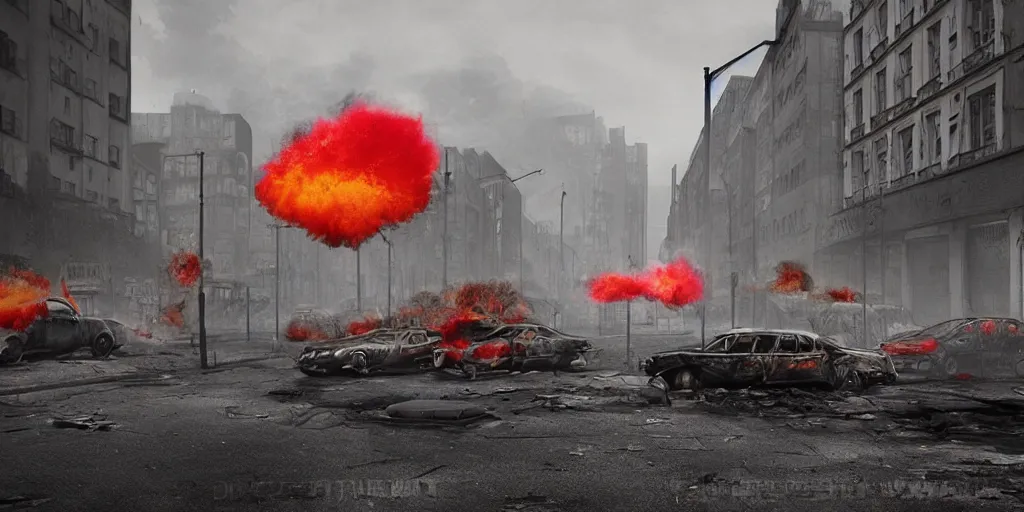 Image similar to post - apocalyptic kreuzberg streets covered in colorful smoke, burned cars, explosions, hyperrealistic, gritty, damaged, dark, urban photography, photorealistic, high details