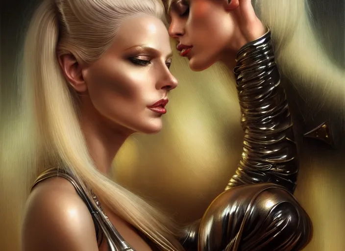 Image similar to portrait shot of blonde women in bladerunner wearing a shiny metal corset, intricate, elegant, highly detailed, centered, digital painting, artstation, concept art, smooth, sharp focus, illustration, artgerm, tomasz alen kopera, peter mohrbacher, donato giancola, joseph christian leyendecker, wlop, boris vallejo