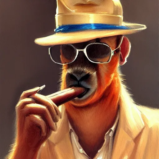 Image similar to a painting of a capybara smoking a cuban cigar while a fedora sitting in a secret base by Krenz Cushart, high detail, concept art, artstation, 8k