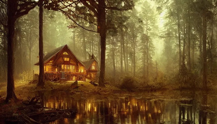 Prompt: a beautiful intricate painting of a log cabin in a dark evil fantasy forest, reflections, very high details by william turner art, greg rutkowski and alphonse mucha, trending on artstation, very very detailed, masterpiece,