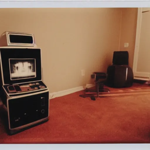 Prompt: polaroid photo from 1 9 9 8 of video game room, flash photography,