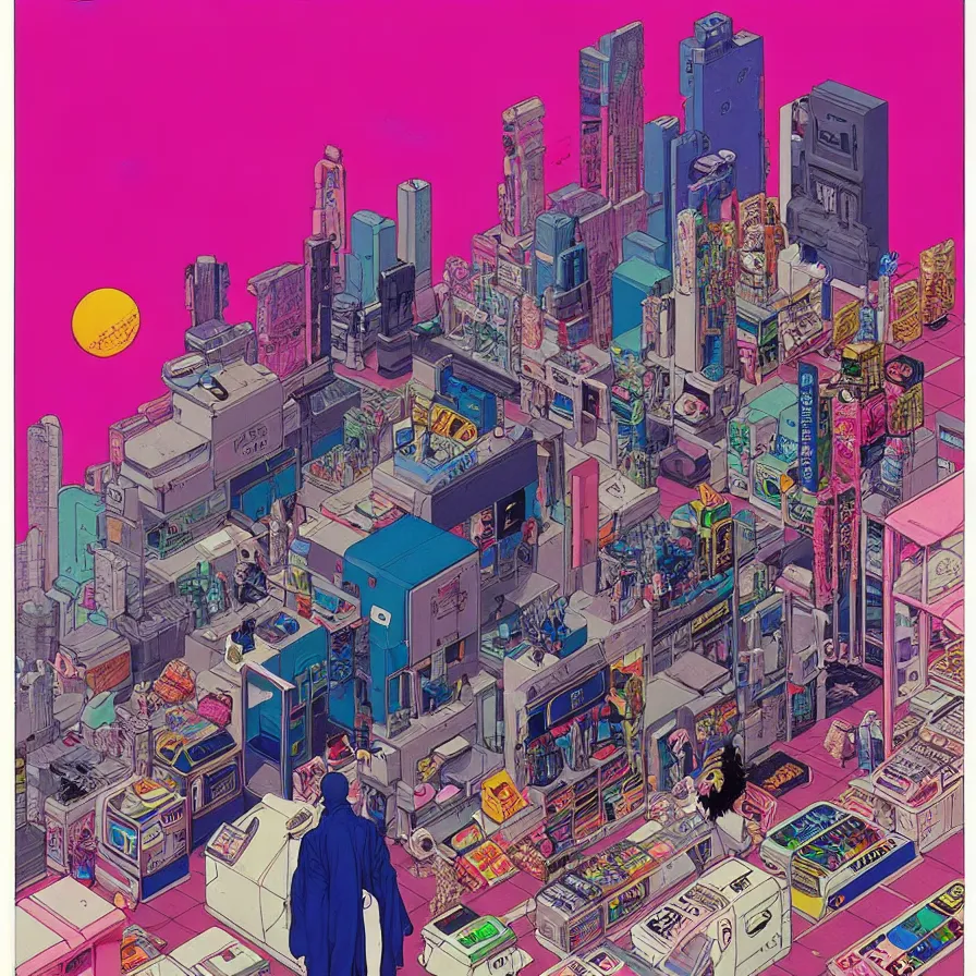 Image similar to ( ( ( ( cyberpunk convenience store ) ) ) ) by mœbius!!!!!!!!!!!!!!!!!!!!!!!!!!!, overdetailed art, colorful, artistic record jacket design