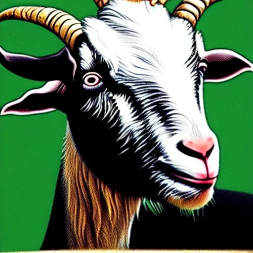 Image similar to detailed portrait of vladimir putin in the form of a goat with a pentagram on the background