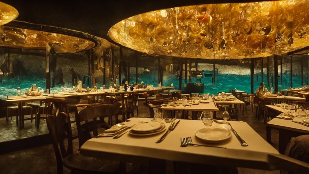 Image similar to restaurant, made of water, film still from the movie directed by Denis Villeneuve with art direction by Salvador Dalí, wide lens