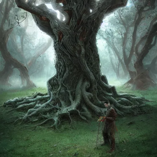 Image similar to A man standing under a huge tree with intertwined roots by Marc Simonetti