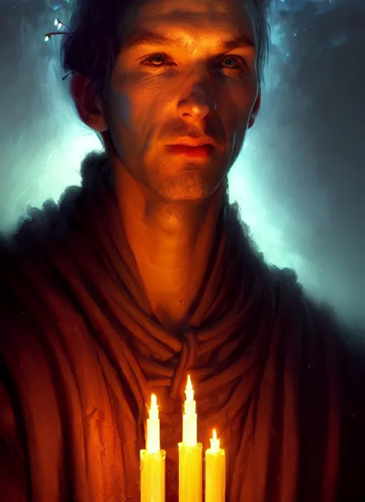 Prompt: closeup realistic portrait of a male necromancer, backlit, candlelit, oil painting, concept art, filip hodas, john howe, mike winkelmann, jessica rossier, andreas rocha, bruce pennington, albert bierstadt, peter mohrbacher, donato giancola, joseph christian leyendecker, wlop, boris vallejo