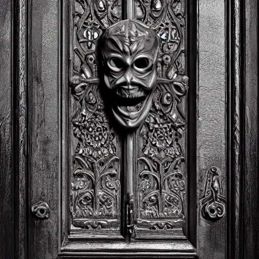 Image similar to port door with carved sinister face head. meduza gorgona. cast iron. gothic medieval baroque. symmetry. epic. ominous shapes. hyper detailed. photoreal. trending on artstation