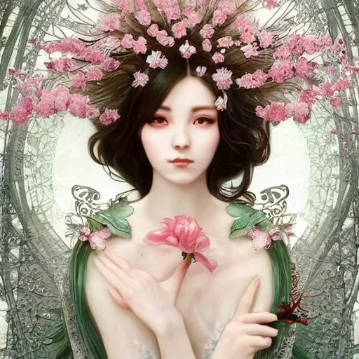 Image similar to a photograpic portrait of a anthropomorphic cherry - blossom wearing white clothes, fantasy, intricate, elegant, highly detailed, digital painting, artstation, concept art, smooth, sharp focus, illustration, art by artgerm and h r giger and alphonse mucha