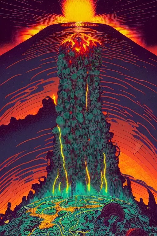 Image similar to artwork by kilian eng and dan mumford and toshi yoshida and franklin booth and peter doig showing a futuristic powerstation!! in front of an exploding volcano, vintage scifi, high details, dramatic lightning, 8 k