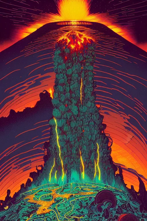 Prompt: artwork by kilian eng and dan mumford and toshi yoshida and franklin booth and peter doig showing a futuristic powerstation!! in front of an exploding volcano, vintage scifi, high details, dramatic lightning, 8 k