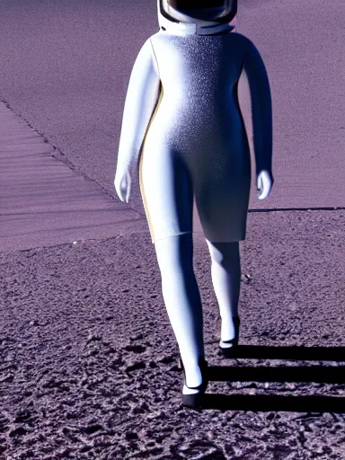 Prompt: hybrid fashion model astronaut, dress by alexander mcqueen, walking down a catwalk, photorealism, 4 k