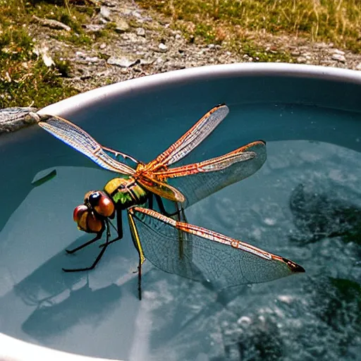 Prompt: dragonfly in a bathtub in the alps, goats! in background