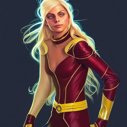 Prompt: Willa Holland with blonde hair as Kid Flash, western, D&D, fantasy, intricate, elegant, highly detailed, digital painting, artstation, concept art, matte, sharp focus, illustration, art by Artgerm and Greg Rutkowski and Alphonse Mucha