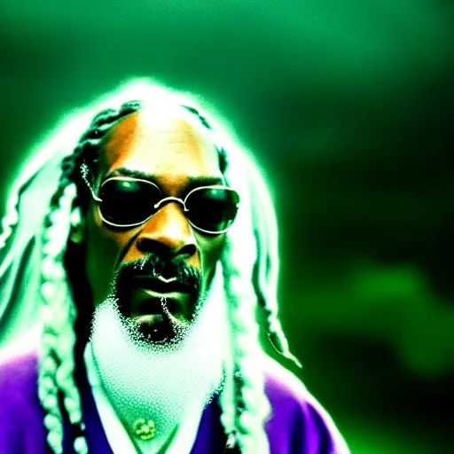 Image similar to snoop dogg with white hair and white beard as gandalf the white, exhaling a huge cloud of magical purple smoke in the vast and lush green fields of the shire, Japanese CGI, VFX, 2003, 40mm lens, shallow depth of field, film photography, volumetric lighting, highly detailed, ultrarealistic