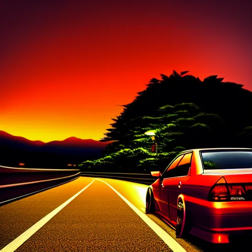 Prompt: a car drift spec JZX100 in middle of road, gunma prefecture, city sunset night, cinematic color, photorealistic, highly detailed