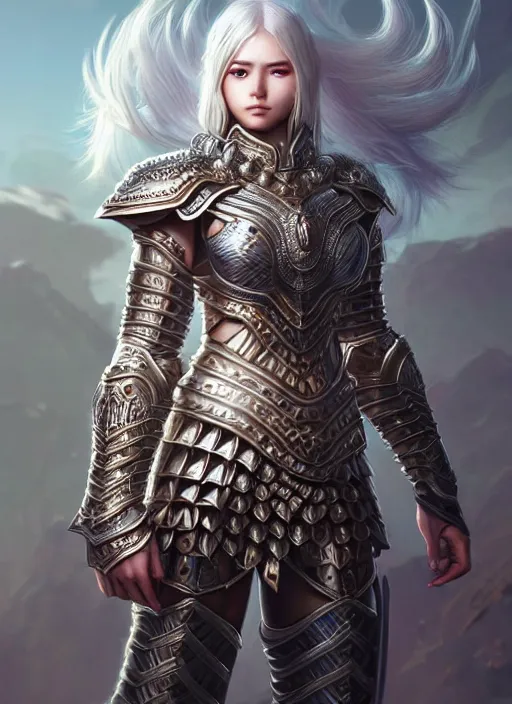 Image similar to warrior, intricate ornate opal heavy armor!!! beautiful and athletic white hair female!! gorgeous face and eyes!! character concept art, sharp focus, octane render! unreal engine 5! highly rendered!! trending on artstation!! detailed linework!! illustration by artgerm, wlop, and chie yoshii