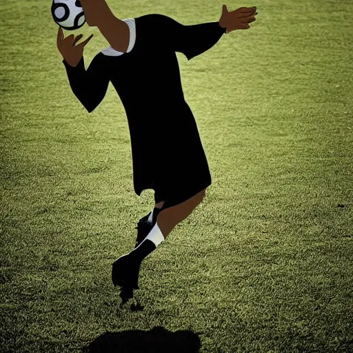 Prompt: portrait of nosferatu playing alone football at the world cup, sport photography