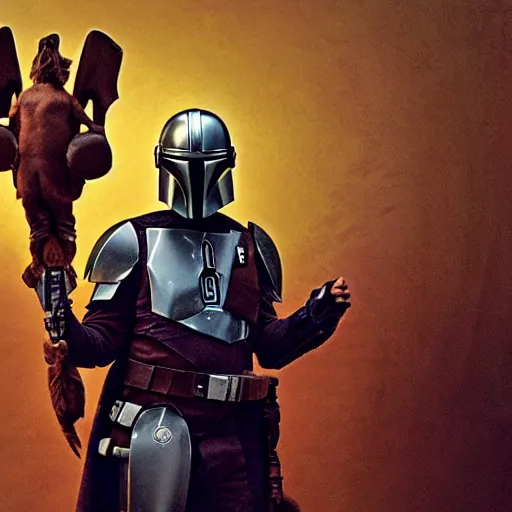 Image similar to the mandalorian and baby grogu, a renaissance oil painting, sharp focus, high contrast studio lighting