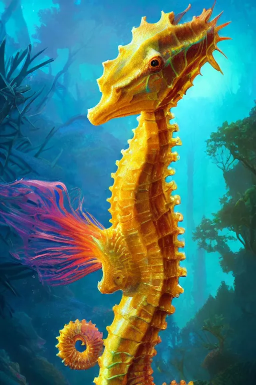 Image similar to highly detailed portrait of rainbow seahorse, stephen bliss, unreal engine, fantasy art by greg rutkowski, rhads, ferdinand knab, makoto shinkai and lois van baarle, ilya kuvshinov, rossdraws, tom bagshaw, global illumination, radiant light, yellow blue theme, coral reef