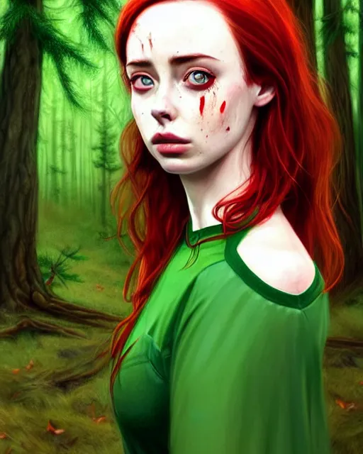 Image similar to surrounded by trees, realistic character concept, gorgeous Kacey Rohl, red hair, small freckles, symmetrical eyes, green dress, covered in blood, dark forest, trees, shorter neck, cinematic lighting, Joshua Middleton and artgerm, fear anxiety terror