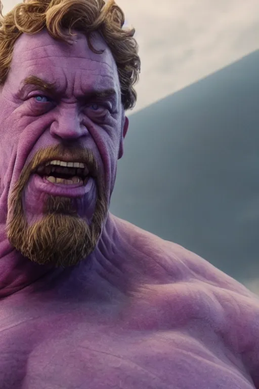 Image similar to A still of Sam Hyde as Thanos in Avengers Endgame, close-up, sigma male, rule of thirds, award winning photo, unreal engine, studio lighting, highly detailed features, interstellar space setting