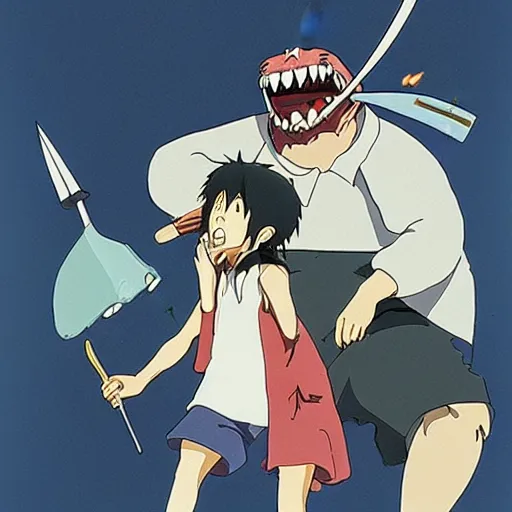 Prompt: dentist with large, giant teeth, fangs, glass shards, daggers, by studio ghibli