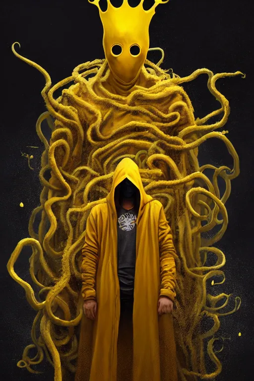 Image similar to A full body portrait of a mysterious character with no face with a very long hooded yellow cloak, a golden crown floating above his head tentacles coming out the ground art by Maciej Kuciara and Jason Chan, ominous, cosmic horror, trending on artstation, Ultra detailed, hyper realistic 4k