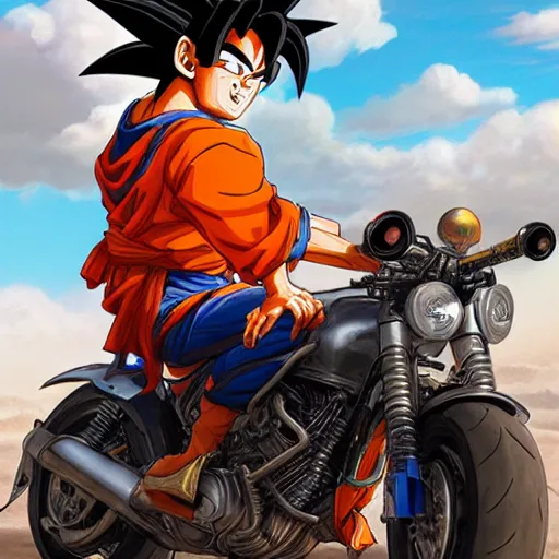 Image similar to Goku dressed as a motorcyclist, by Stanley Artgerm Lau, WLOP, Rossdraws, James Jean, Andrei Riabovitchev, Marc Simonetti, Yoshitaka Amano, ArtStation, CGSociety,