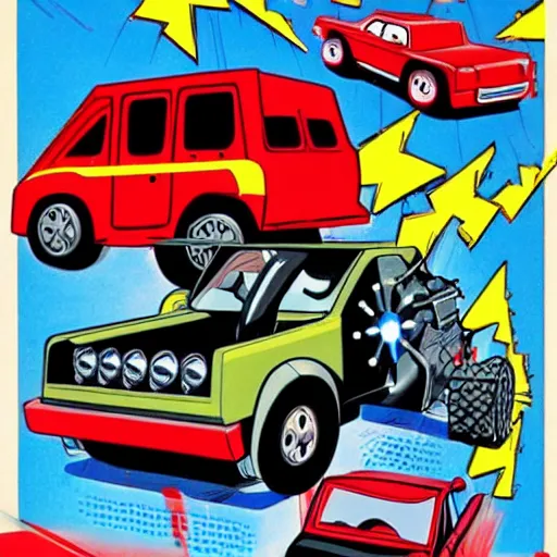 Image similar to anthropomorphic cars and trucks engage in laser gun battles, 8 0 s cartoon