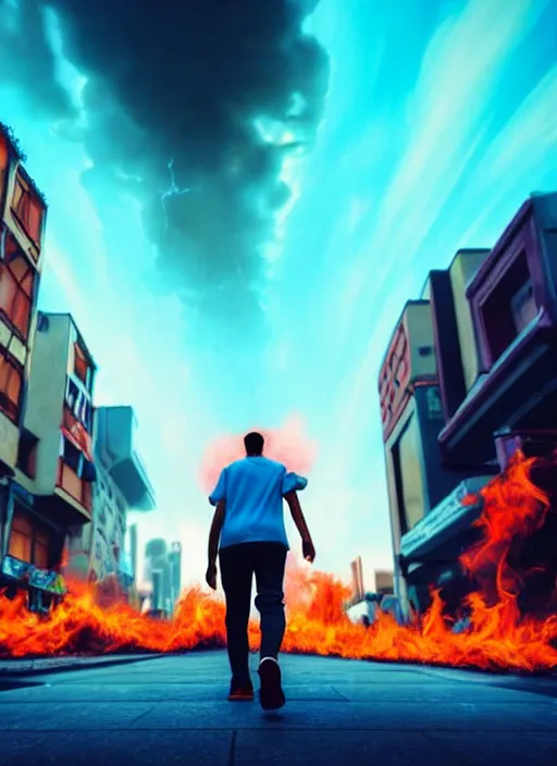 Image similar to a man walks happily down the street with his head of flames, in a futuristic cyberpunk city, the sky is a turquoise blue with beautiful white fluffy clouds, hyper realism volumetric lighting