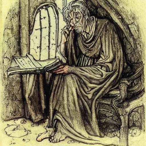 Prompt: a 1 3 th century, enigmatic, melancholic, fae wizard ( look like ( ( eighty years old christopher lee ) ), is ( ( reading an old book ) ). light dust, magnificent, hyperdetailed, theatrical, painted by arthur rackham
