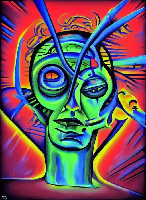 Prompt: “A (surreal) neon painting of a shaman futuristic picasso by hr giger and Vladimir kush and dali and kandinsky, 3d, realistic shading, complimentary colors, vivid neon colors, aesthetically pleasing composition, masterpiece, 4k, 8k, ultra realistic, super realistic”