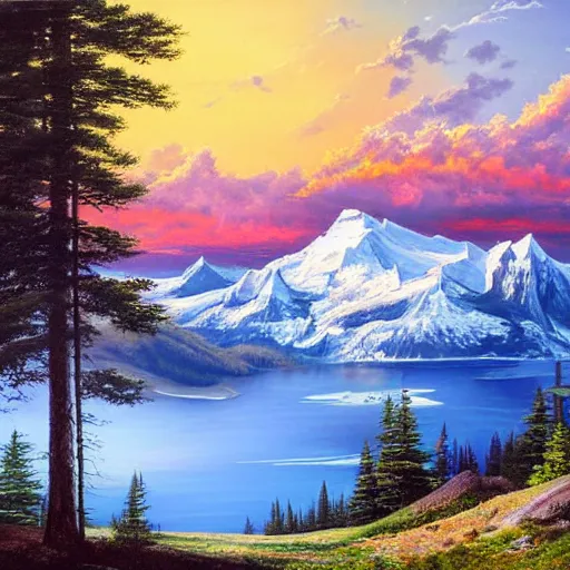 Image similar to a serene view from on-top of a mountain lined with a stunning forest, beautiful glaciers flowing into a shimmering blue lake below, blue sky with soft puffy clouds, Chinook sunset in background, 4k, highly detailed, oil painting