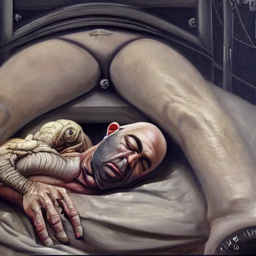 Image similar to joe rogan sleeping by H. R. Giger trending on artstation, detailed art, oil painting, high fantasy, horror, science fiction