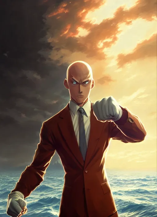 Image similar to gigachad luigi clenched fist punching like saitama wearing a suit in the ocean, fantasy character portrait, ultra realistic, anime key visual, concept art, intricate details, highly detailed by greg rutkowski, ilya kuvshinov, gaston bussiere, craig mullins, simon bisley