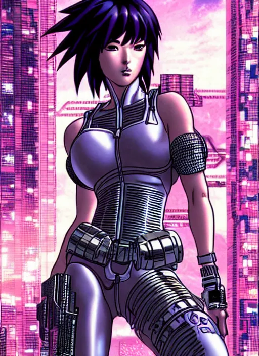 Image similar to motoko kusanagi in grungy cyberpunk megacity, intricate and finely detailed, cyberpunk vaporwave, portrait by j scott campbell