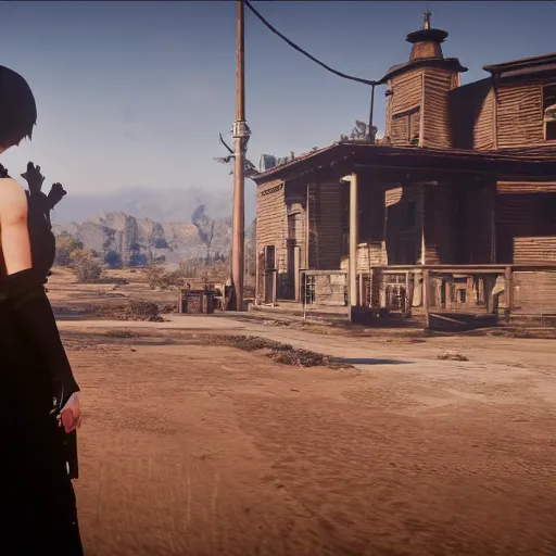 Image similar to Film still of 2B nier automata in a town from Red Dead Redemption 2 (2018 video game)