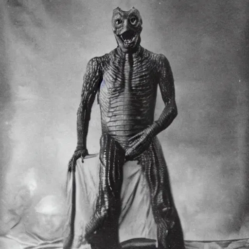 Prompt: A vintage photograph of a creepy and scary sinister looking reptilian man, draconian, scaly, evil, macabre W- 768