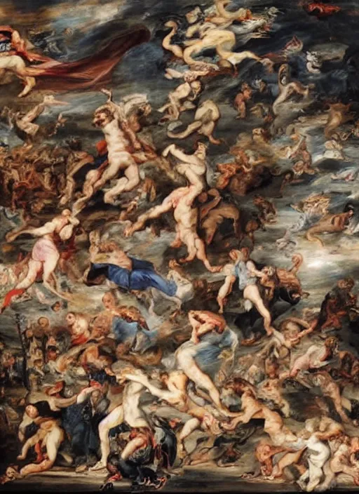 Image similar to painting, people falling off a playground, adventure playground, by peter paul rubens, style fall of the damned by peter paul rubens