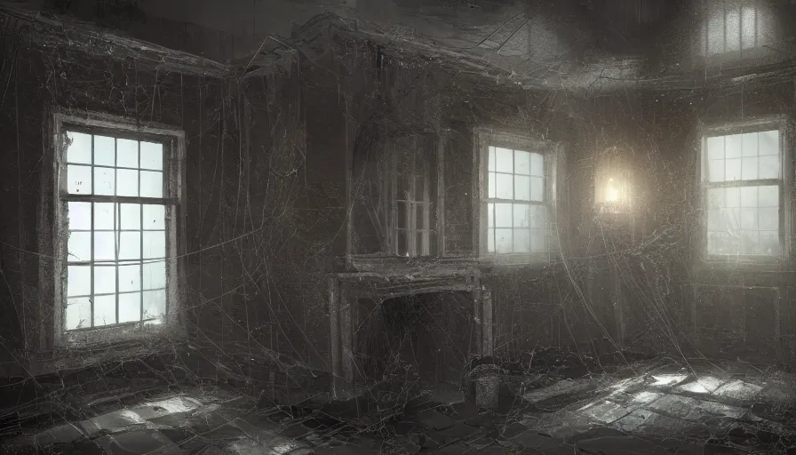 Image similar to Interior of an old Victorian house with cobwebs, spiders and dust, dark cold place, hyperdetailed, artstation, cgsociety, 8k