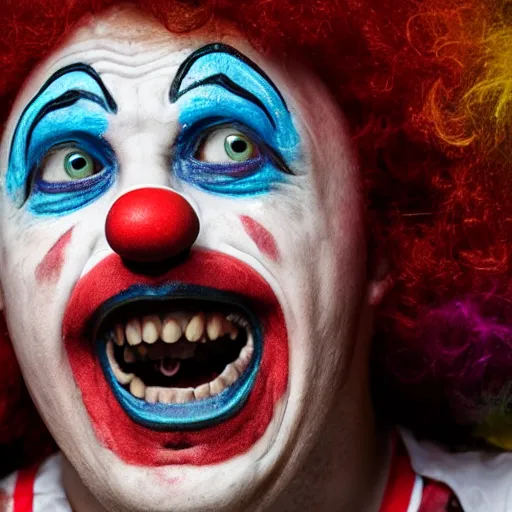 Prompt: photograph of a clown sweating and going crazy