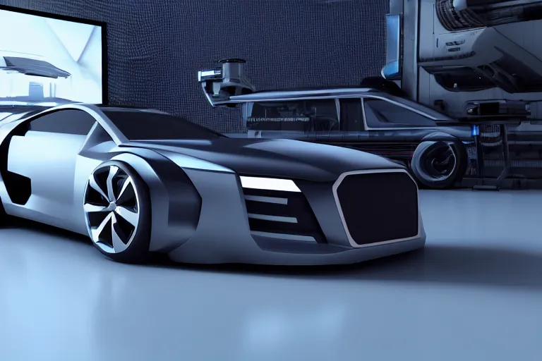 Image similar to cyberpunk audi concept inspired car, futuristic look, highly detailed body, very expensive, photorealistic camera shot, bright studio setting, studio lighting, crisp quality and light reflections, unreal engine 5 quality render