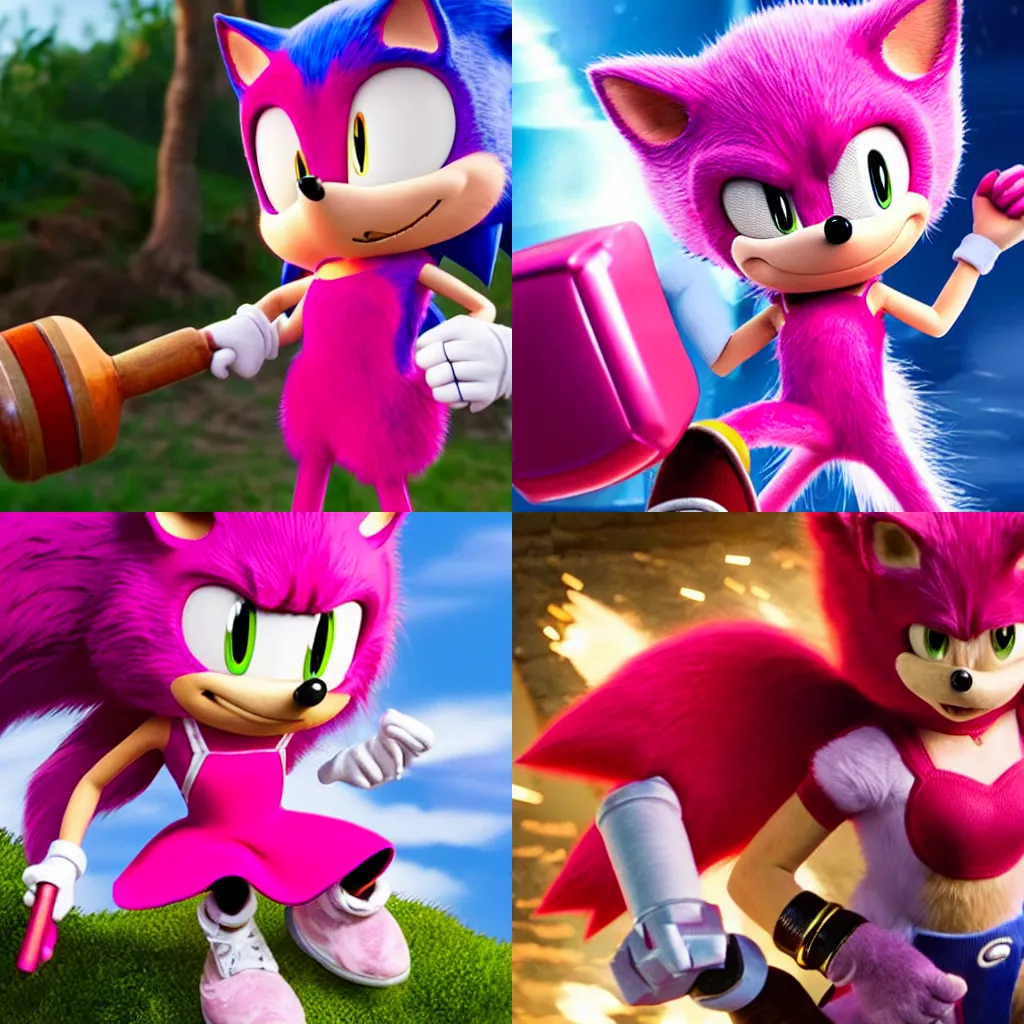 Prompt: Leaked image of Amy Rose holding her hammer in the upcoming Sonic the Hedgehog movie by Paramount, promotional image, Amy Rose red dress, Amy Rose sonic boom design, pink fur, eyelashes, 4k HD f2.8 50mm
