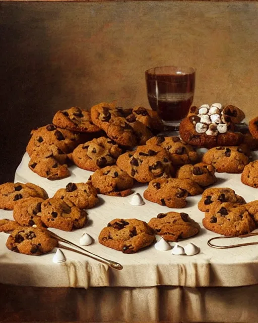 Prompt: banquet of several freshly baked chocolate chip cookies, delicious, glistening, chocolate sauce, marshmallows, highly detailed, food photography, art by rembrandt