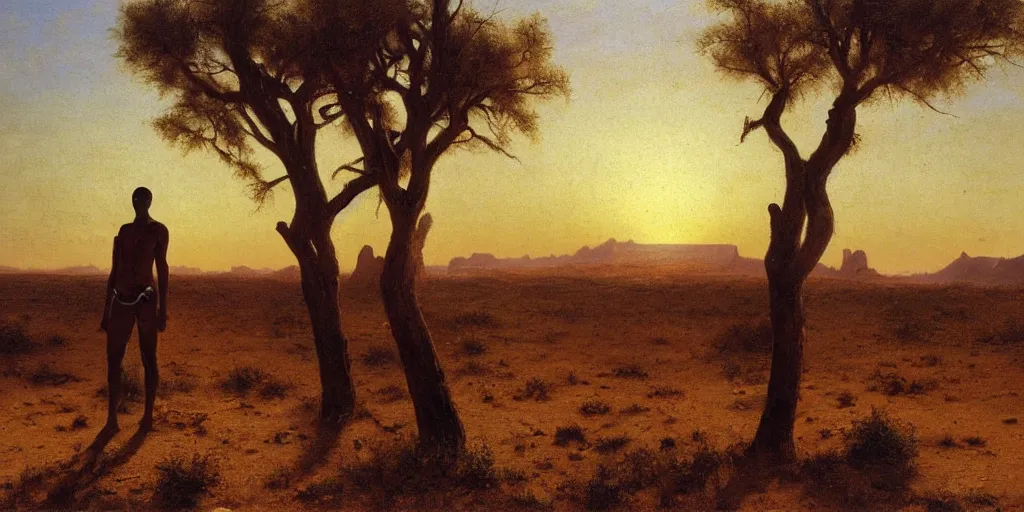 Prompt: black male cyborg body modifications hd albert bierstadt painting low perspective! desert sun rays